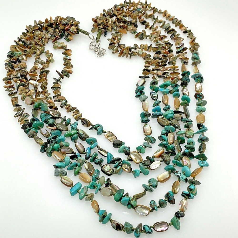 Vintage Turquoise & Abalone Necklace 6 Strand Statement Boho Southwestern 23"